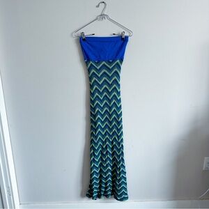 Bebe Y2K Chevron Print Maxi Bodycon Strapless Knit Blue Green Vacation Dress